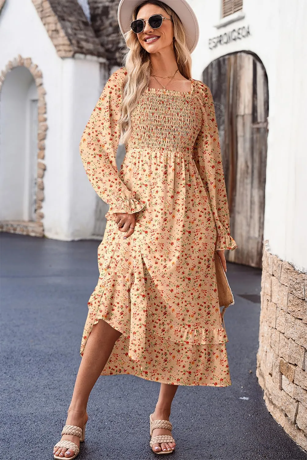 Dokotoo Spring Dresses for Women Casual Floral Square Neck Long Sleeve Smocked Elastic Waist Tiered Ruffle Hem Maxi Dress