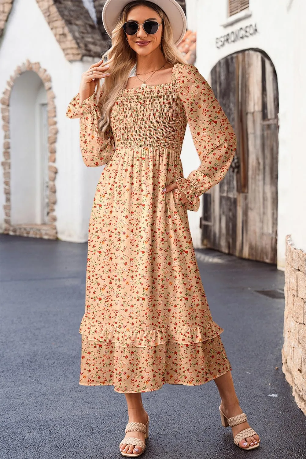 Dokotoo Spring Dresses for Women Casual Floral Square Neck Long Sleeve Smocked Elastic Waist Tiered Ruffle Hem Maxi Dress