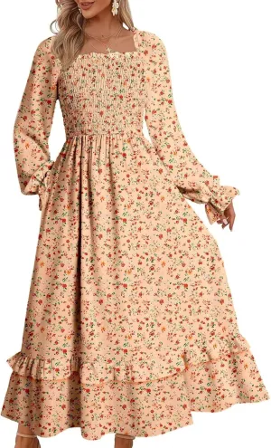 Dokotoo Spring Dresses for Women Casual Floral Square Neck Long Sleeve Smocked Elastic Waist Tiered Ruffle Hem Maxi Dress