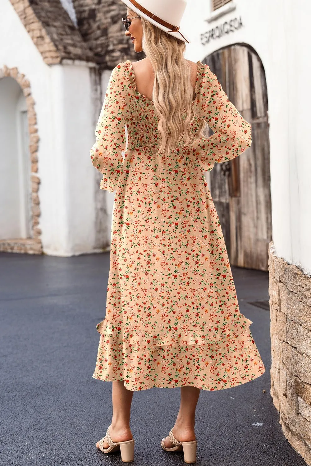 Dokotoo Spring Dresses for Women Casual Floral Square Neck Long Sleeve Smocked Elastic Waist Tiered Ruffle Hem Maxi Dress
