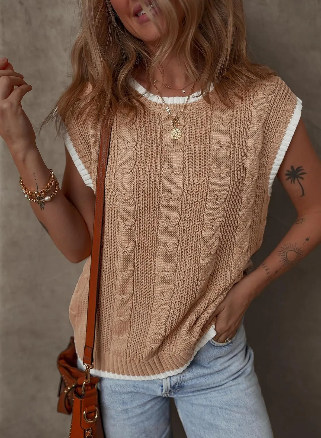 Dokotoo Tank Tops for Women Round Neck Cap Sleeve Color Block Cable Knit Womens Tank Tops Sweater Vest Women