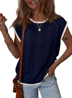 Dokotoo Tank Tops for Women Round Neck Cap Sleeve Color Block Cable Knit Womens Tank Tops Sweater Vest Women