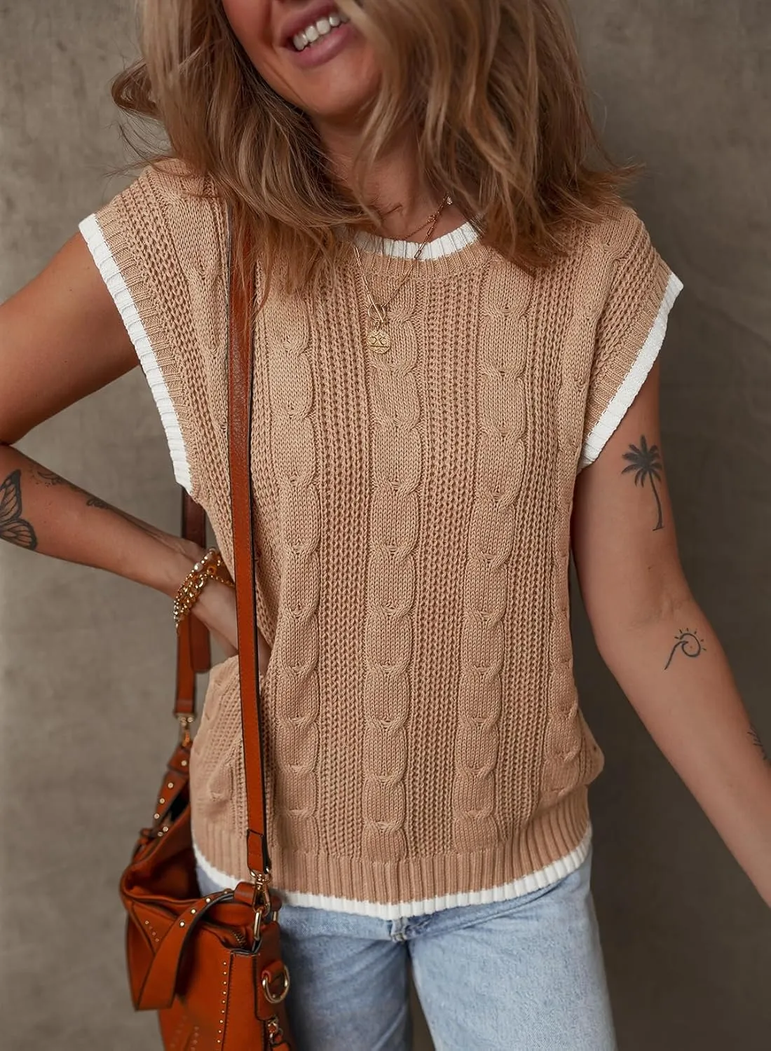 Dokotoo Tank Tops for Women Round Neck Cap Sleeve Color Block Cable Knit Womens Tank Tops Sweater Vest Women