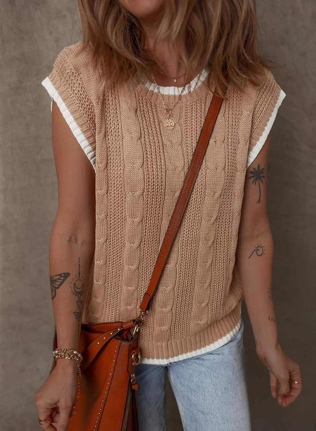 Dokotoo Tank Tops for Women Round Neck Cap Sleeve Color Block Cable Knit Womens Tank Tops Sweater Vest Women