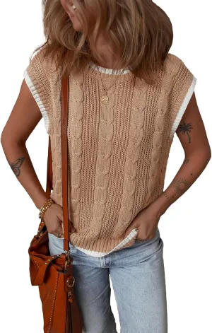 Dokotoo Tank Tops for Women Round Neck Cap Sleeve Color Block Cable Knit Womens Tank Tops Sweater Vest Women