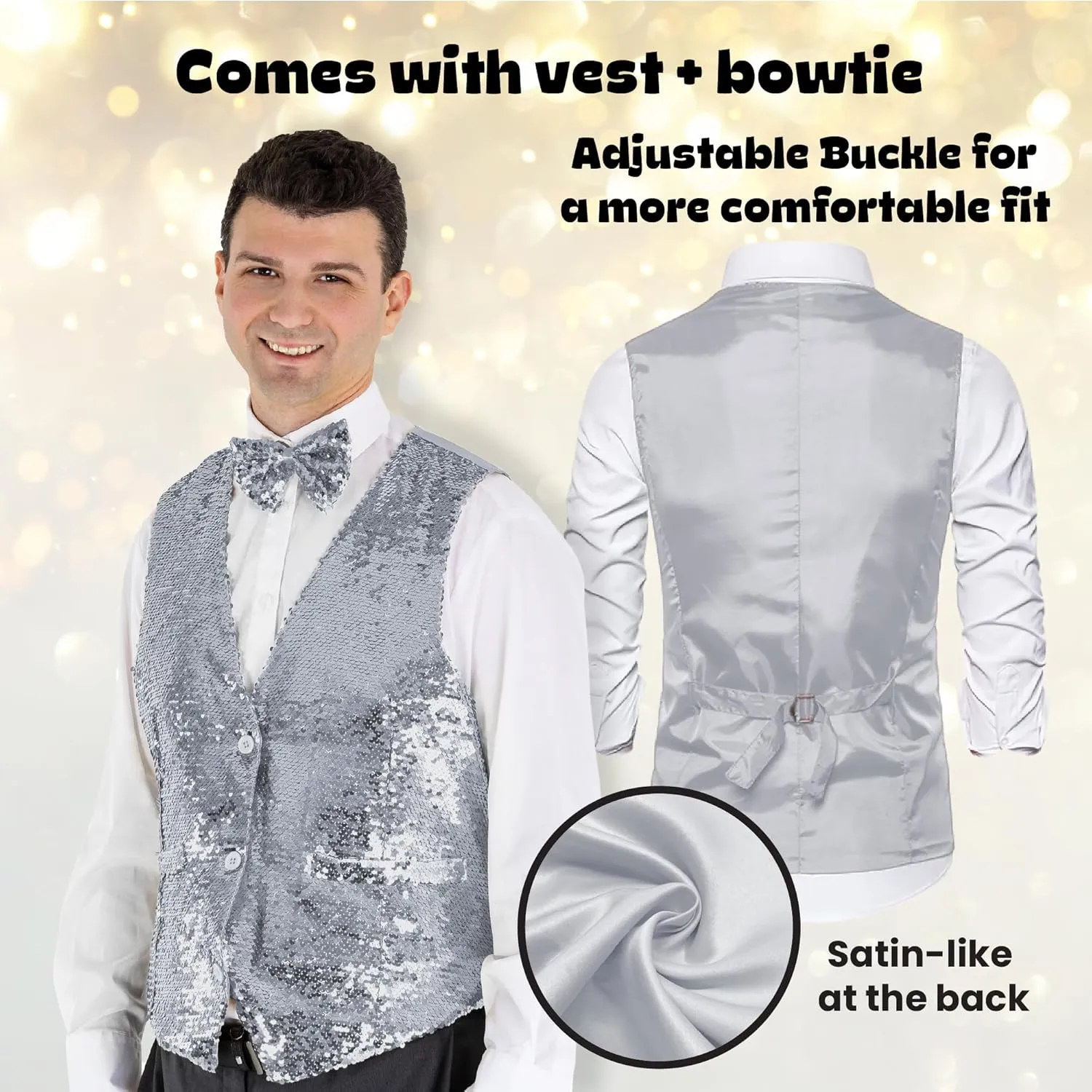 Dress Up America Sequin Vest with Bowtie - Sparkly Vest for Men - Costume Party Vest for Adults - Men Sequin Vest (Silver)