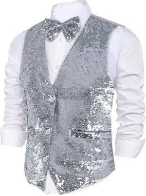 Dress Up America Sequin Vest with Bowtie - Sparkly Vest for Men - Costume Party Vest for Adults - Men Sequin Vest (Silver)