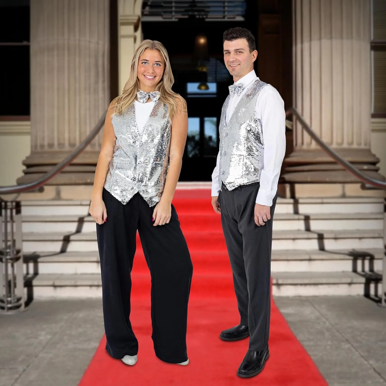 Dress Up America Sequin Vest with Bowtie - Sparkly Vest for Men - Costume Party Vest for Adults - Men Sequin Vest (Silver)
