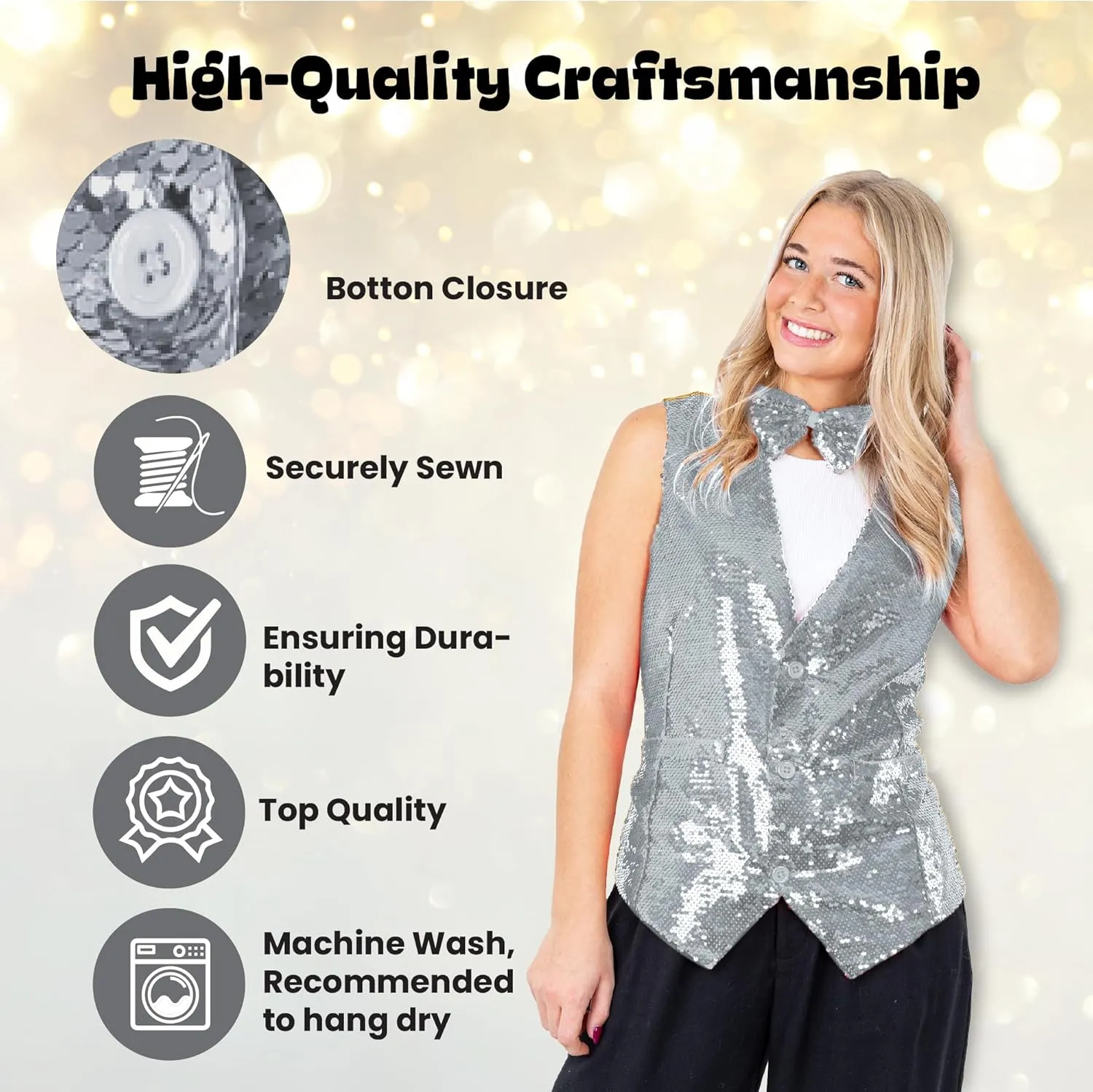 Dress Up America Sequin Vest with Bowtie - Sparkly Vest for Men - Costume Party Vest for Adults - Men Sequin Vest (Silver)