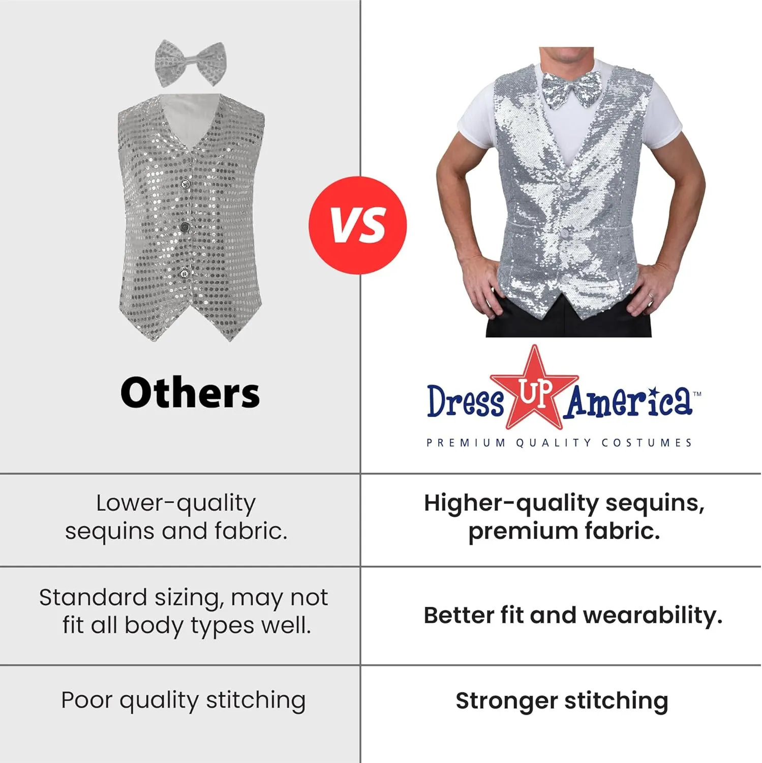 Dress Up America Sequin Vest with Bowtie - Sparkly Vest for Men - Costume Party Vest for Adults - Men Sequin Vest (Silver)