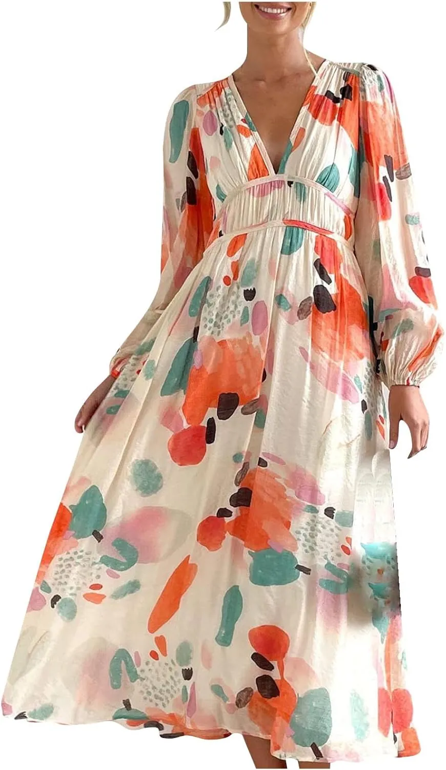 Dresses for Women 2024 Casual Fall Boho Maxi Dress Elegant Long Sleeve V Neck Printed Beach Long Flowy Dresses