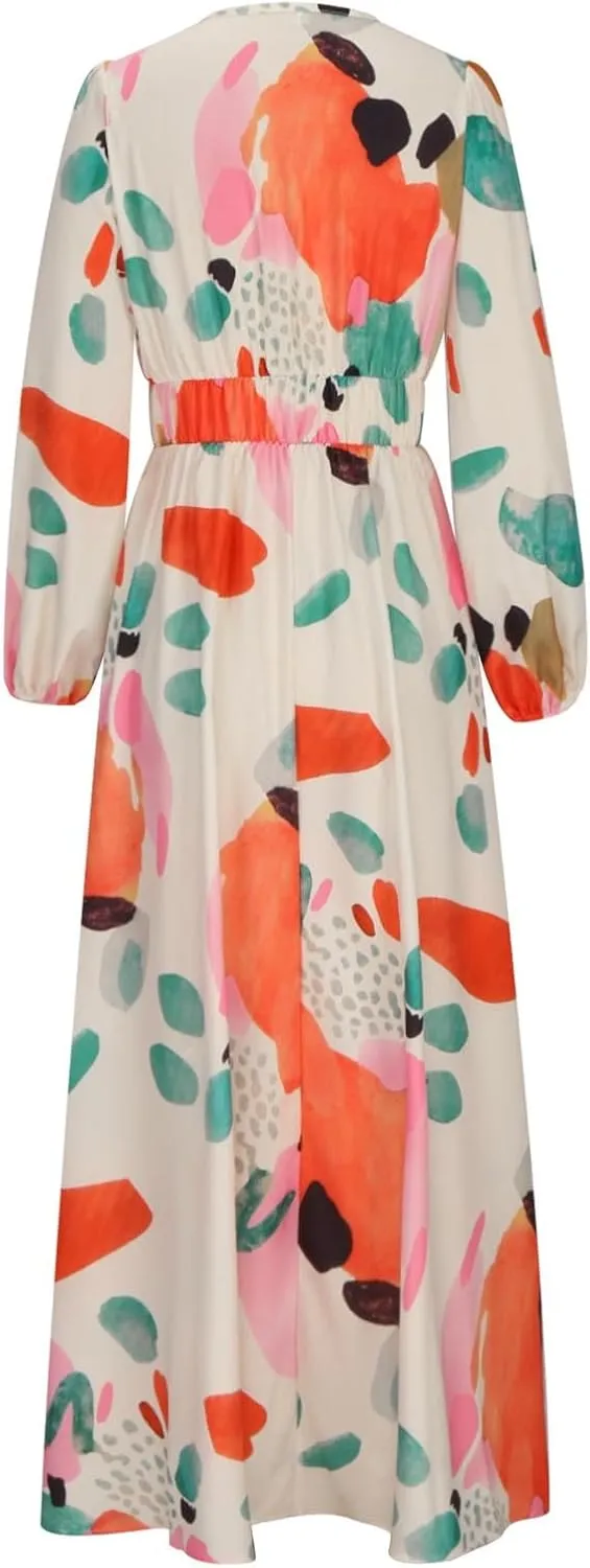 Dresses for Women 2024 Casual Fall Boho Maxi Dress Elegant Long Sleeve V Neck Printed Beach Long Flowy Dresses