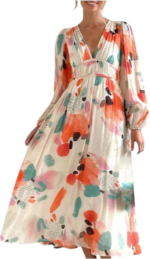 Dresses for Women 2024 Casual Fall Boho Maxi Dress Elegant Long Sleeve V Neck Printed Beach Long Flowy Dresses