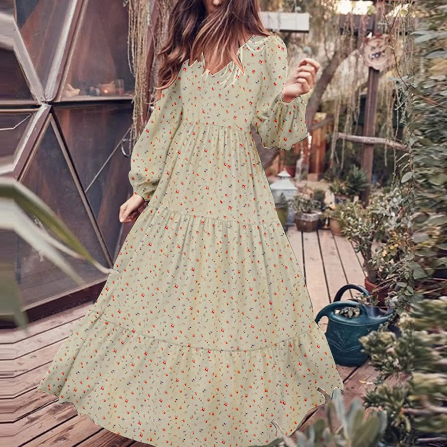 Dresses for Women Fall 2024, Floral Printed Big Hem Elastic Waist Flowy Dress Long Sleeve Comfy Outdoor Maxi Dresses