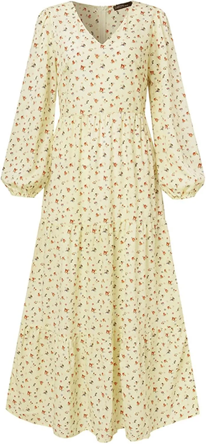 Dresses for Women Fall 2024, Floral Printed Big Hem Elastic Waist Flowy Dress Long Sleeve Comfy Outdoor Maxi Dresses