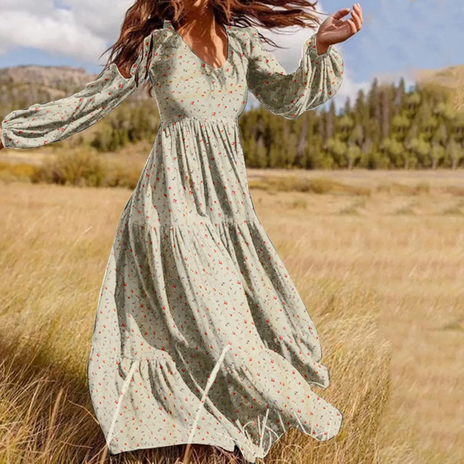 Dresses for Women Fall 2024, Floral Printed Big Hem Elastic Waist Flowy Dress Long Sleeve Comfy Outdoor Maxi Dresses