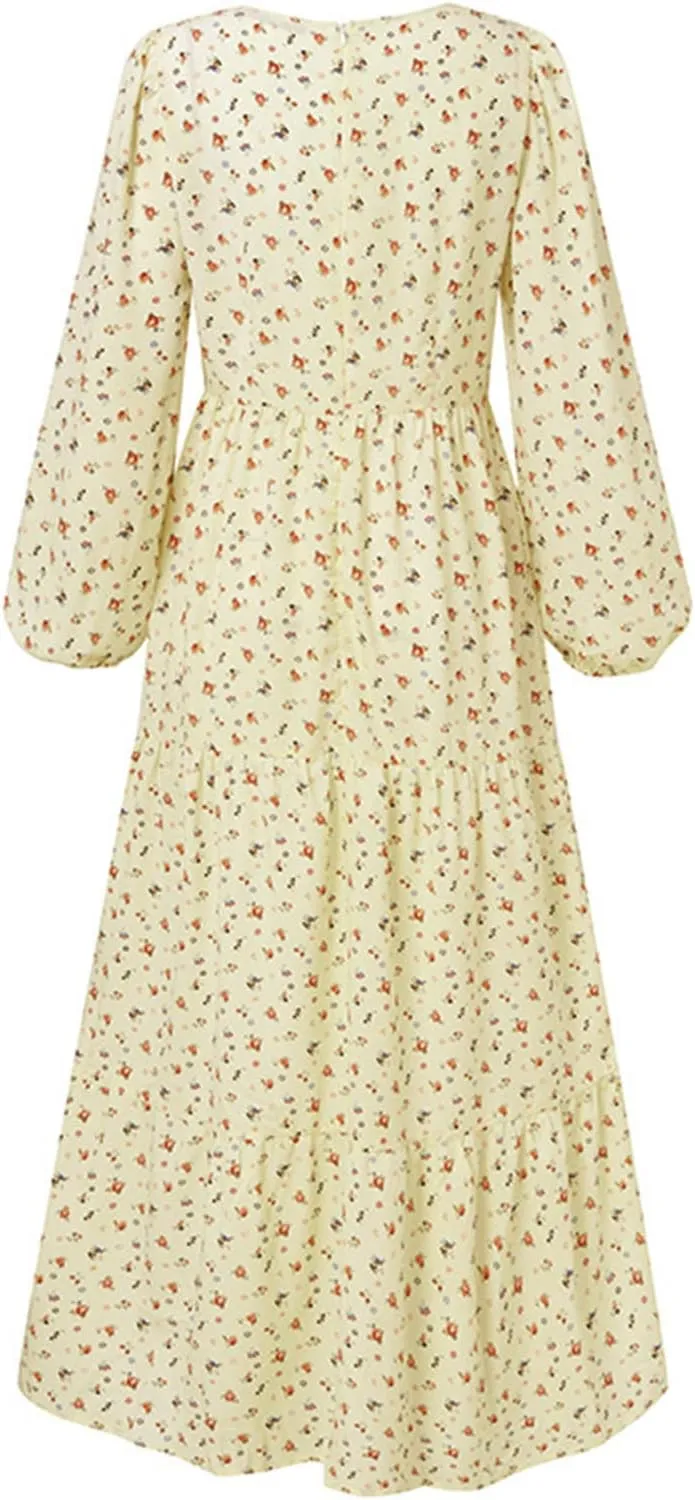 Dresses for Women Fall 2024, Floral Printed Big Hem Elastic Waist Flowy Dress Long Sleeve Comfy Outdoor Maxi Dresses