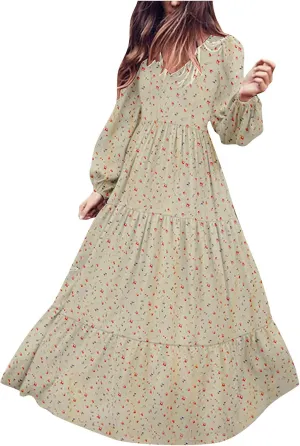 Dresses for Women Fall 2024, Floral Printed Big Hem Elastic Waist Flowy Dress Long Sleeve Comfy Outdoor Maxi Dresses