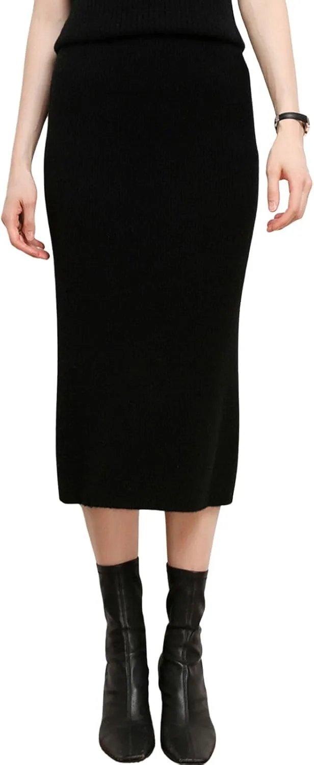 ebossy Long Wool Skirt for Women Casual High Waisted Winter Rib Knitted Stretch Bodycon Pencil Skirts