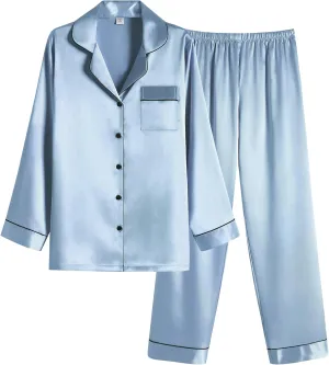 Ekouaer Women Satin Pajamas Set Classic Button Down Long Pjs Set