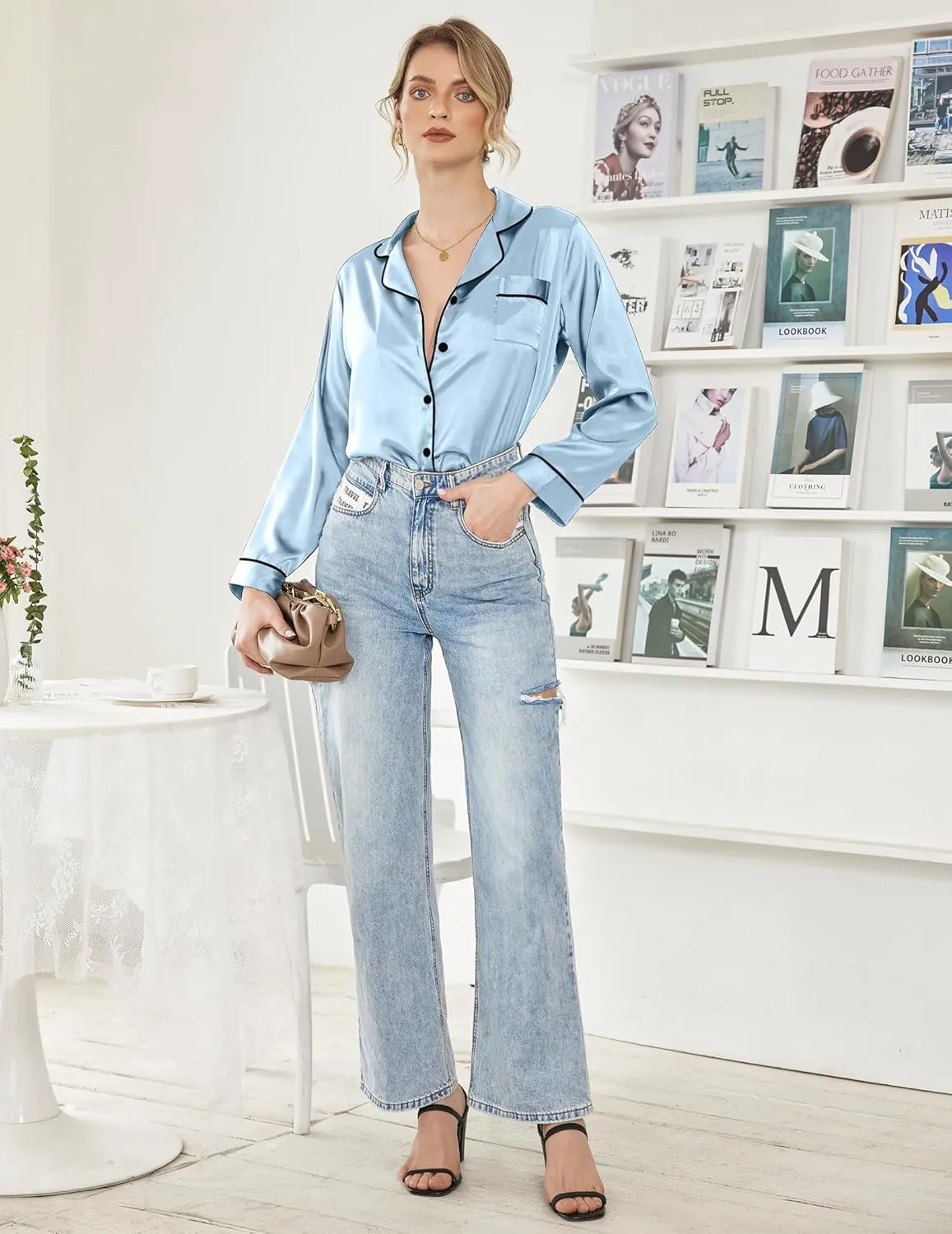 Ekouaer Women Satin Pajamas Set Classic Button Down Long Pjs Set