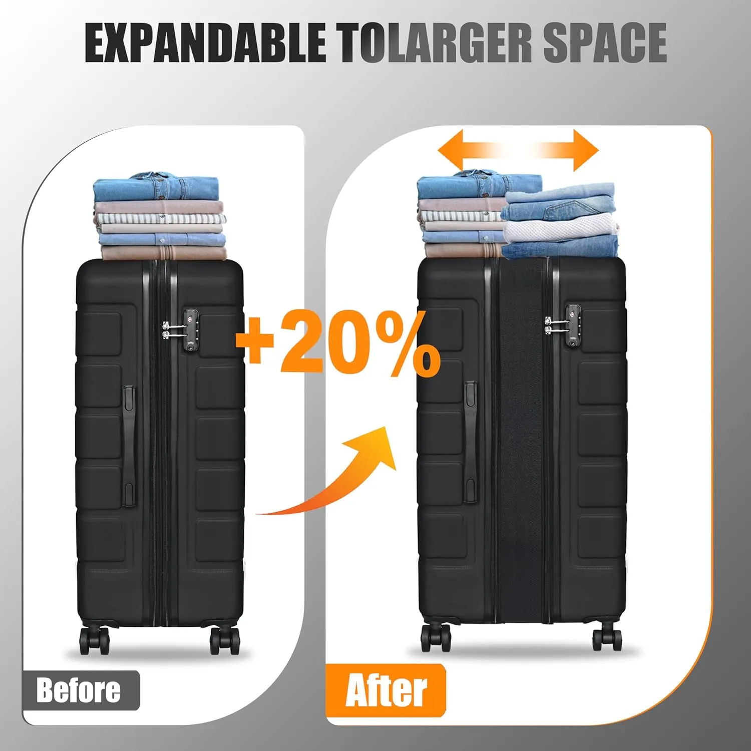 Expandable Lightweight Hardshell Luggage Set with TSA LockDurable Spinner Suitcase Set for Travel, 3-PieceBlack