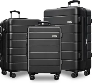 Expandable Lightweight Hardshell Luggage Set with TSA LockDurable Spinner Suitcase Set for Travel, 3-PieceBlack