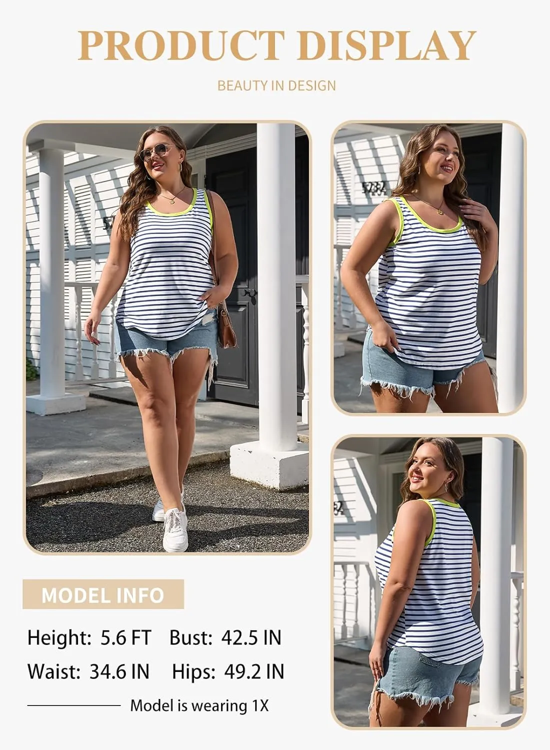 Eytino Plus Size Tank Tops for Women Sleeveless Crew Neck Striped Casual Summer Loose Tee Shirts(1X-5X)