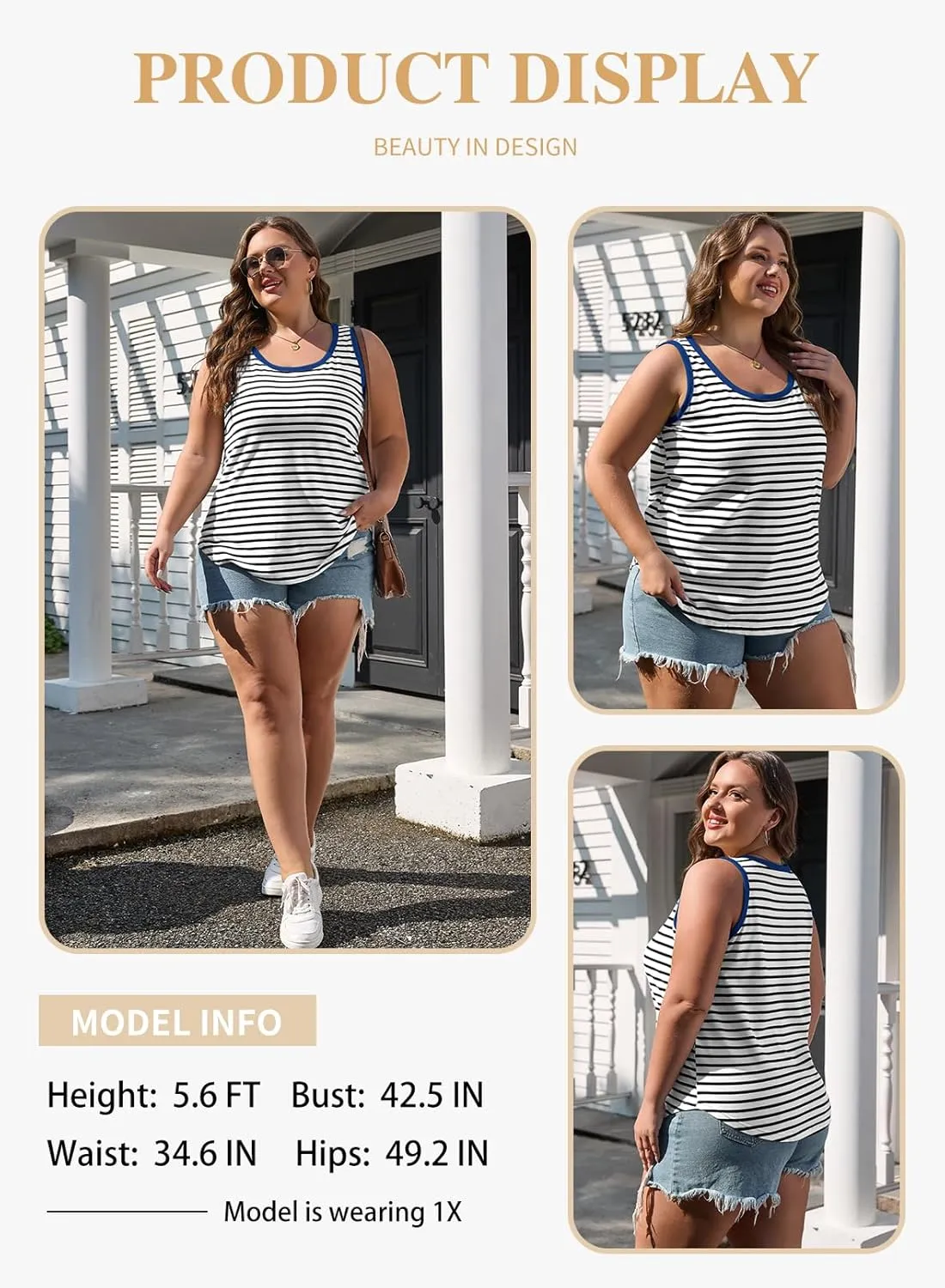 Eytino Plus Size Tank Tops for Women Sleeveless Crew Neck Striped Casual Summer Loose Tee Shirts(1X-5X)