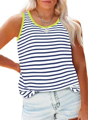 Eytino Plus Size Tank Tops for Women Sleeveless Crew Neck Striped Casual Summer Loose Tee Shirts(1X-5X)