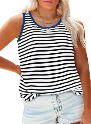 Eytino Plus Size Tank Tops for Women Sleeveless Crew Neck Striped Casual Summer Loose Tee Shirts(1X-5X)