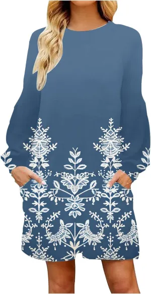 Fall Maxi Dresses for Women 2024 Casual Long Sleeve Boho Mini Dress Loose Fit Elegant Beach Dresses with Pockets Womens Dress Blue 2X