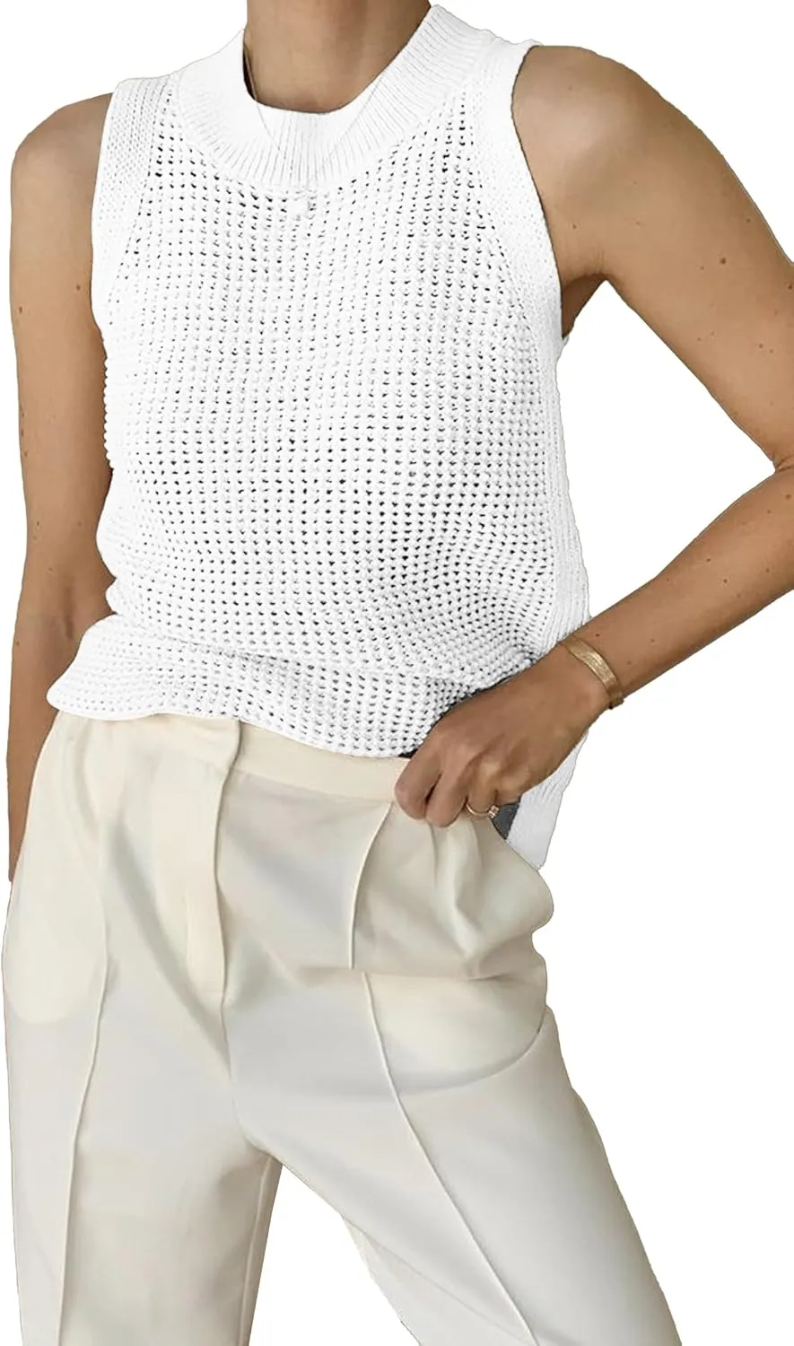 Famulily Women's Summer Knit Tank Top Sleeveless Hollow Out Tops Round Neck Crochet Knitted Cami Shirts
