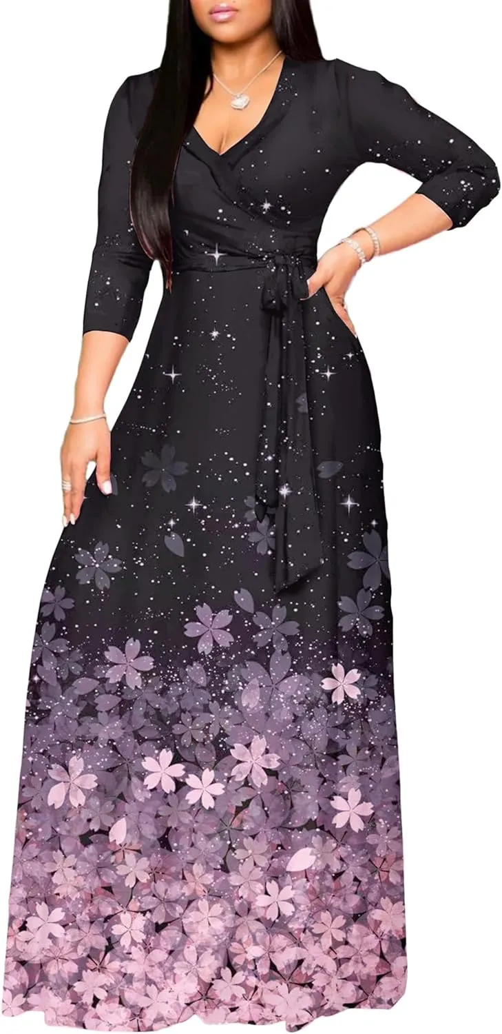 FANDEE Plus Size Maxi Dress for Women Casual Summer Sundress V-Neck 3/4 Sleeve