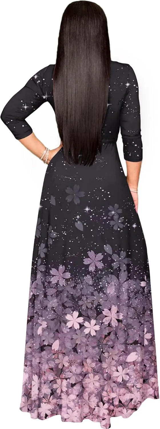 FANDEE Plus Size Maxi Dress for Women Casual Summer Sundress V-Neck 3/4 Sleeve