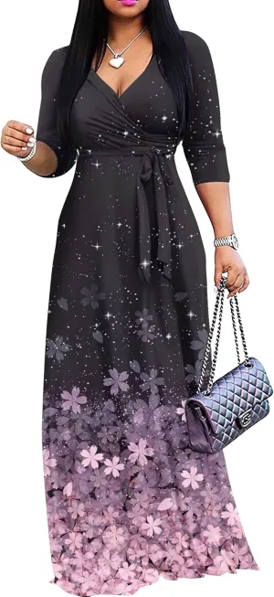 FANDEE Plus Size Maxi Dress for Women Casual Summer Sundress V-Neck 3/4 Sleeve