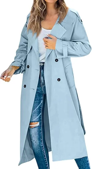 Farktop Women's Plus Size Double Breasted Long Trench Coat - Spring Fall Windproof Classic Lapel Overcoat with Belt - Sky Blue