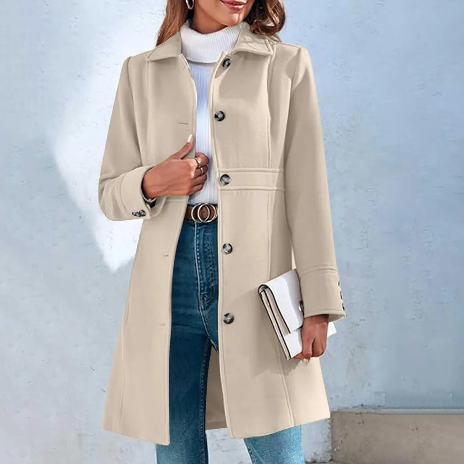 fartey Womens Long Winter Coats Casual Lapel Collared Elegant Trench Coat Singe-Breasted Wool Blend Pea Coat With Pockets