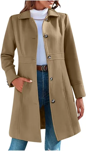 fartey Womens Long Winter Coats Casual Lapel Collared Elegant Trench Coat Singe-Breasted Wool Blend Pea Coat With Pockets