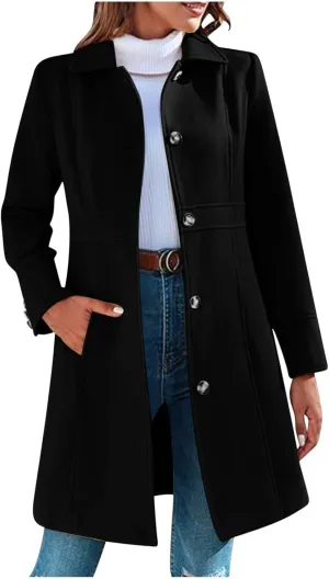 fartey Womens Long Winter Coats Casual Lapel Collared Elegant Trench Coat Singe-Breasted Wool Blend Pea Coat With Pockets