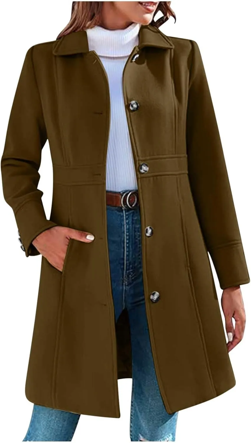 fartey Womens Long Winter Coats Casual Lapel Collared Elegant Trench Coat Singe-Breasted Wool Blend Pea Coat With Pockets