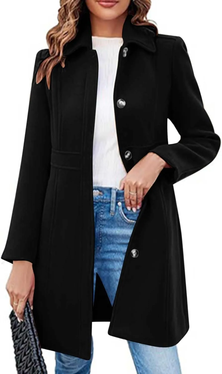 fartey Womens Long Winter Coats Casual Lapel Collared Elegant Trench Coat Singe-Breasted Wool Blend Pea Coat With Pockets