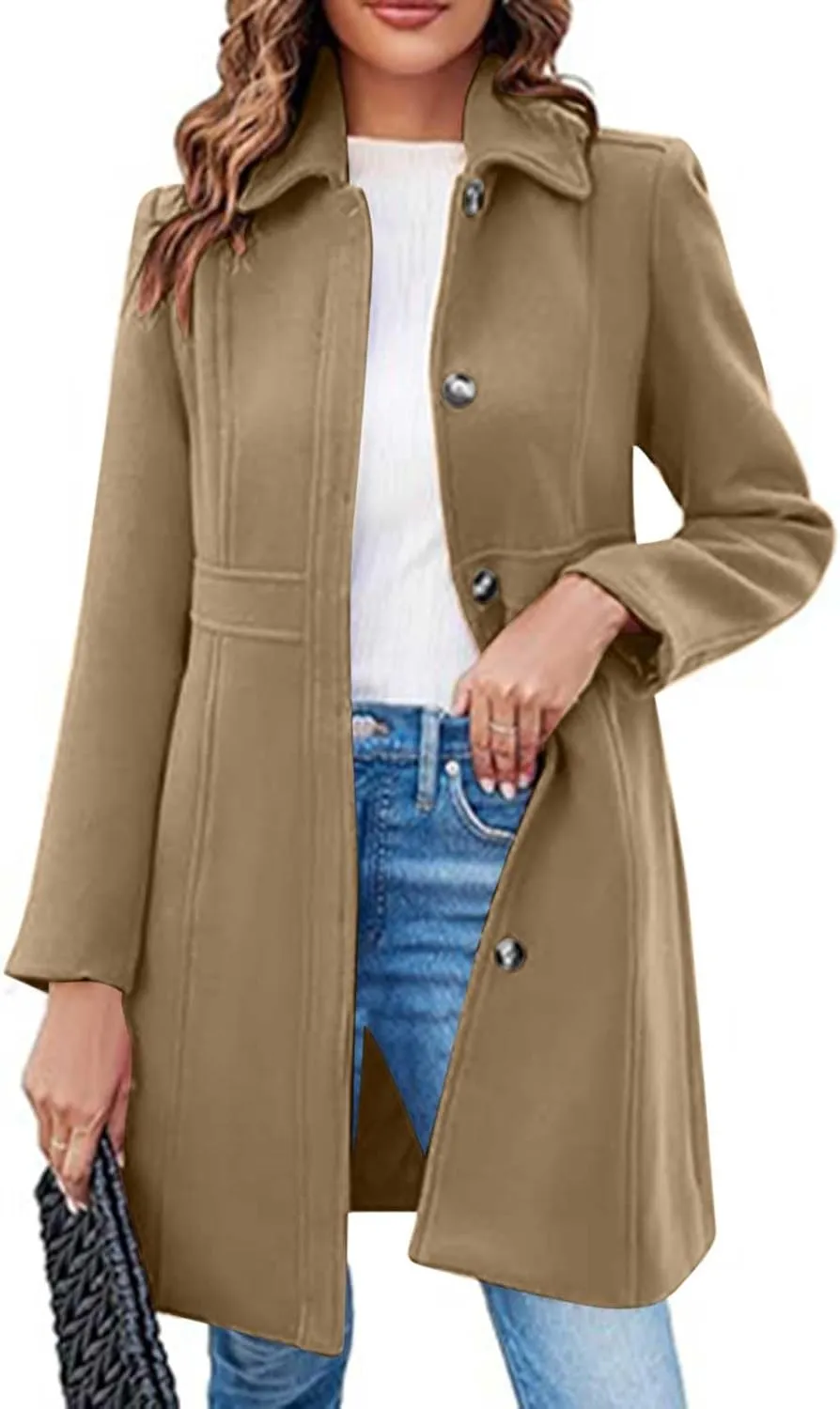 fartey Womens Long Winter Coats Casual Lapel Collared Elegant Trench Coat Singe-Breasted Wool Blend Pea Coat With Pockets