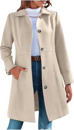 fartey Womens Long Winter Coats Casual Lapel Collared Elegant Trench Coat Singe-Breasted Wool Blend Pea Coat With Pockets