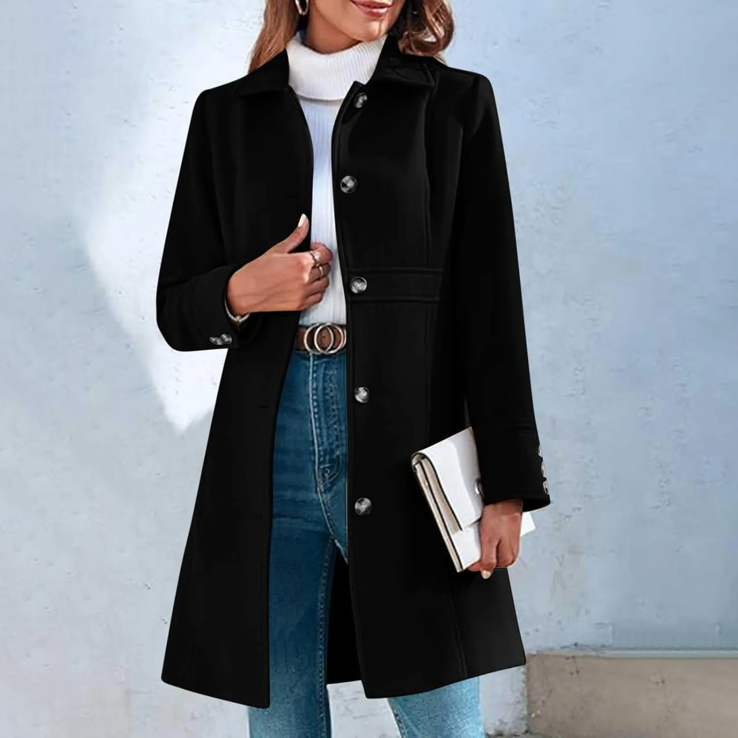 fartey Womens Long Winter Coats Casual Lapel Collared Elegant Trench Coat Singe-Breasted Wool Blend Pea Coat With Pockets