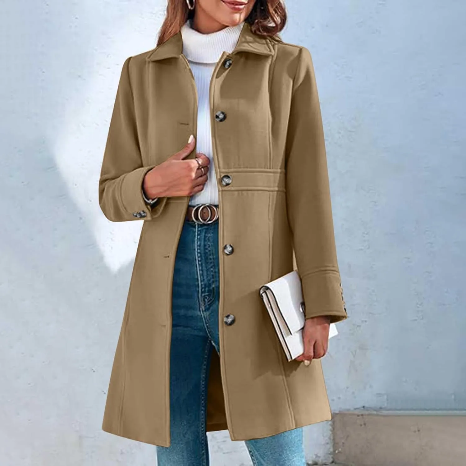 fartey Womens Long Winter Coats Casual Lapel Collared Elegant Trench Coat Singe-Breasted Wool Blend Pea Coat With Pockets