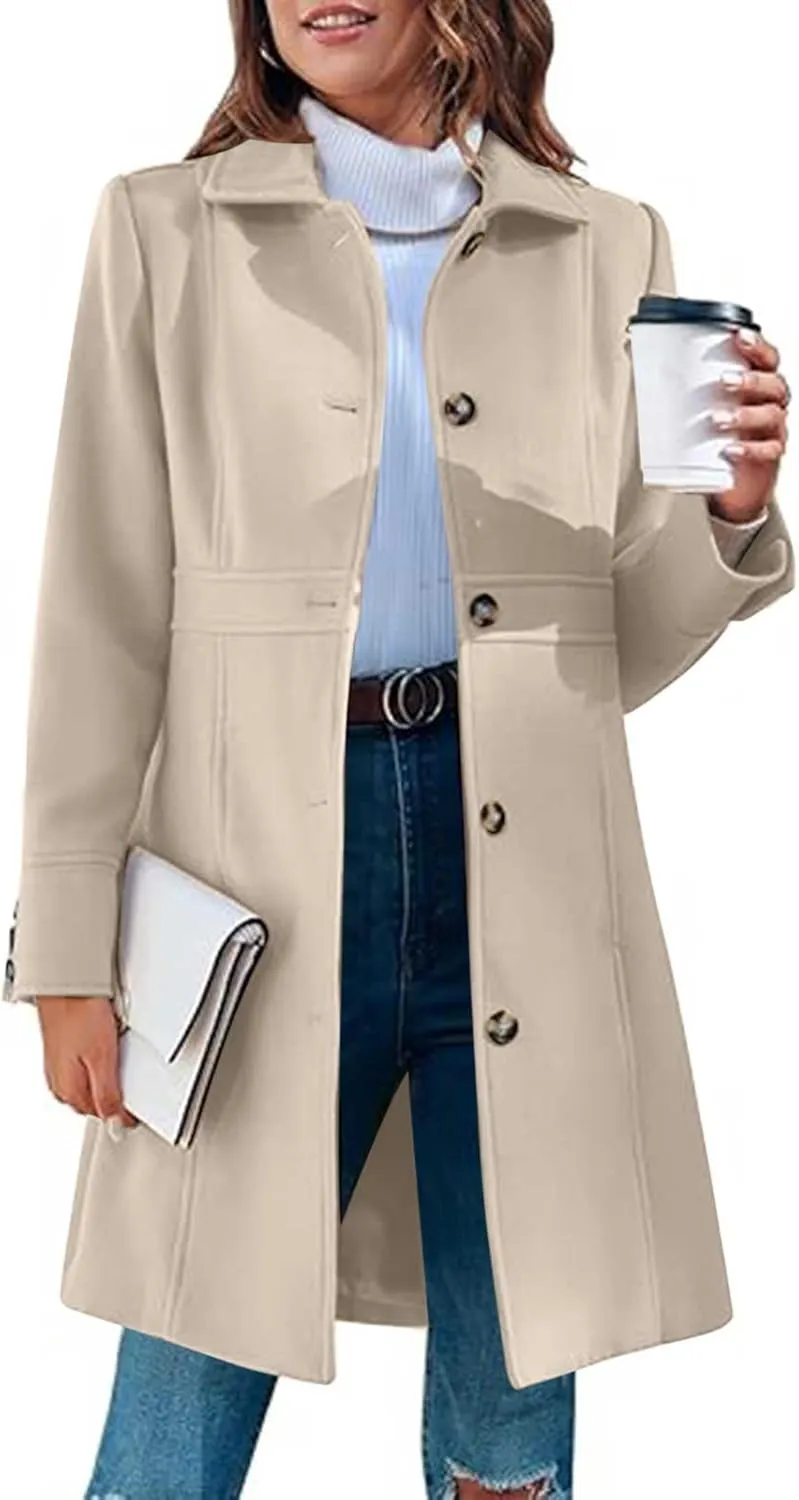 fartey Womens Long Winter Coats Casual Lapel Collared Elegant Trench Coat Singe-Breasted Wool Blend Pea Coat With Pockets