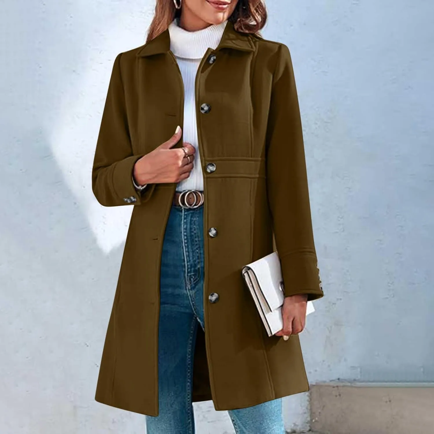 fartey Womens Long Winter Coats Casual Lapel Collared Elegant Trench Coat Singe-Breasted Wool Blend Pea Coat With Pockets