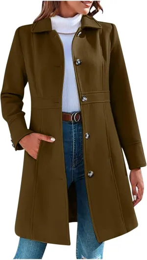 fartey Womens Long Winter Coats Casual Lapel Collared Elegant Trench Coat Singe-Breasted Wool Blend Pea Coat With Pockets