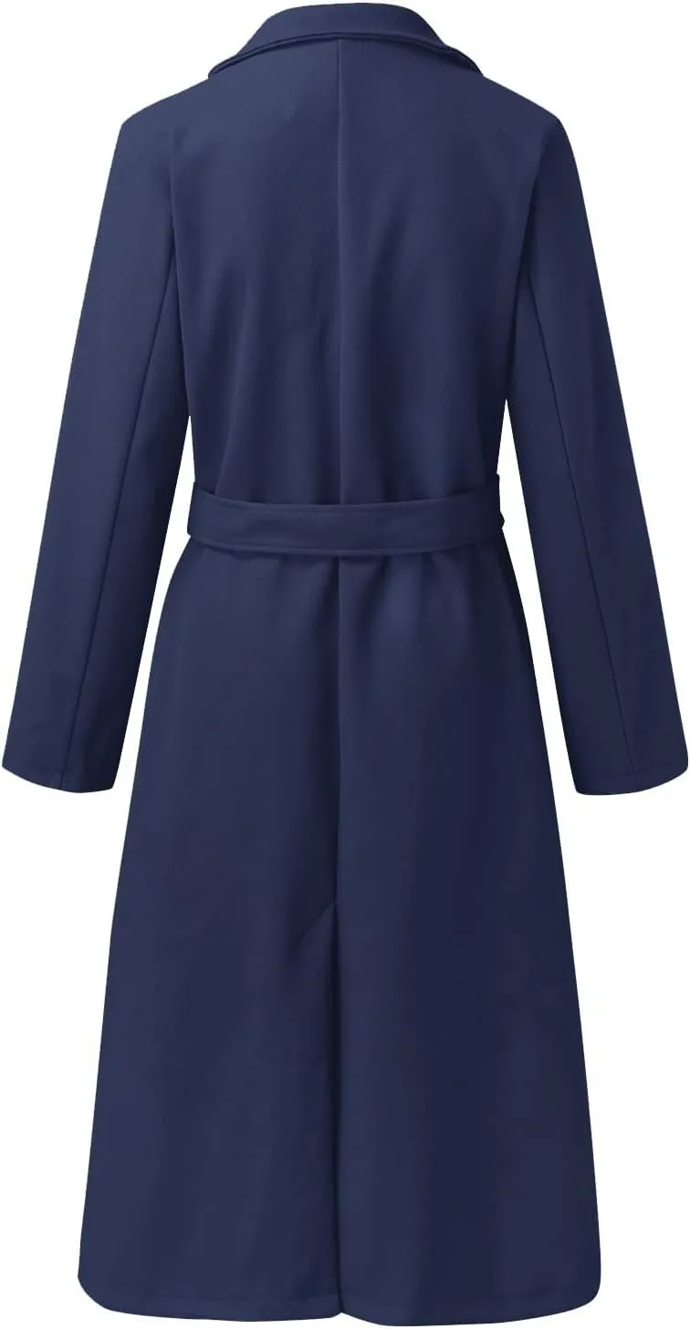 fartey Women's Trench Coats Winter Notch Lapel Wool Blend Long Coats Faux Fur Open Front Dressy Pea Coats with Belts